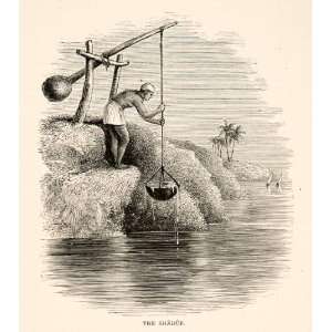  1891 Wood Engraving Shaduf Shadoof Swape Nile River Water 