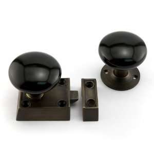 Small Solid Brass Rim Latch Set with Black Porcelain Knobs   Left Hand 