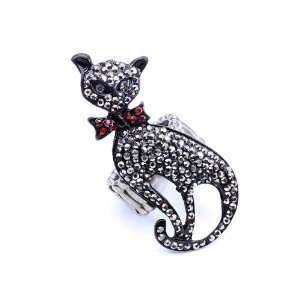   Black kitty cat with red ribbon Bling cocktail Ring: Everything Else
