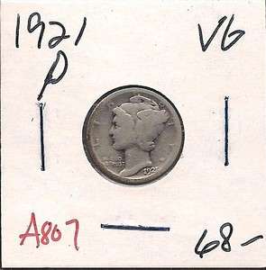 1921 Mercury Dime Ten Cent Very Good A807  