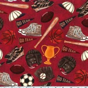  45 Wide Play Ball Trophies & Cleats Maroon Fabric By The 