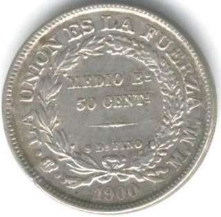 BOLIVIA COIN 50 CENTAVOS 1900 MM KM 161.5 XF+  