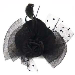 Fashion Elegant Mesh Polka Dot Lace Bow with Ribbon Feather Rosette 