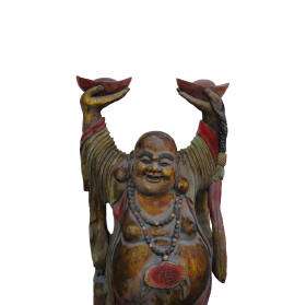 standing happy face buddha with chinese traditional money bar w462