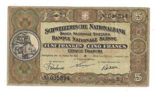 Switzerland   Old 5 Franken Note   1914   P11b Nice VF  