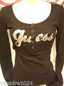 GUESS Womens PAM Sequin LOGO Long Sleeve Henley Top Shirt XS S M L XL 