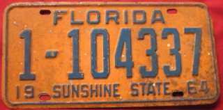 1964 Florida # 1   104337 License Plate Dade County  