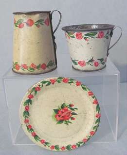   Piece Ohio Art Children Tin TEA SET Roses Teapot Cup Saucer  