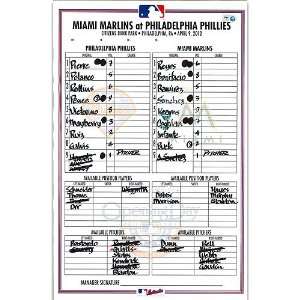   Phillies 2012 Official Dugout Lineup Card