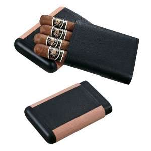    Black Leather & Wood Cigar Case   Holds 4 Cigars: Home & Kitchen
