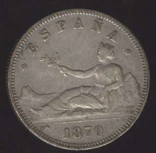 SPAIN RARE BEAUTY 2 PESETAS 1870 (75) SILVER COIN  