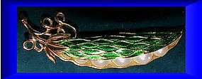 Trifari gold plated pea pod brooch, enamel, pearls  