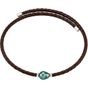   Brown Leather Cord Necklace with a Black Tahitian Cultured Pearl Bead