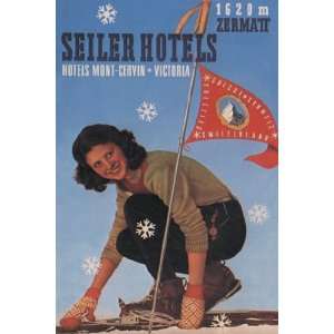  Seiler Hotel Woman Adjusting Skis by Mattei F. 12x18 