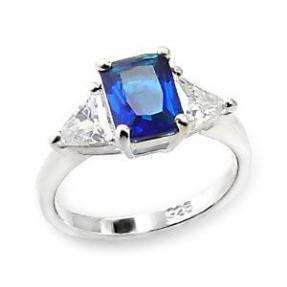 CT PRINCESS & TRILLION CZ SIMULATED SAPPHIRE RING .925 STERLING 