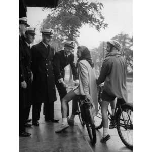 College Girls on Bicycles Stopping to Chat with Cadets Premium 