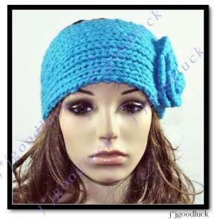 100% Handmade Knit Head Wrap Headband Crochet Flower Lake BLUE  