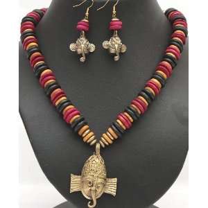 Lord Ganesha Beaded Tribal Necklace with Earrings Set   Brass