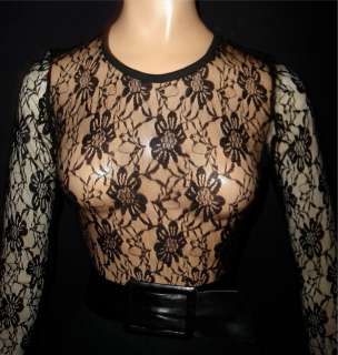 SHEER BLACK Soft LACE Stretch BLOUSE L/S long sleeve shirt top 