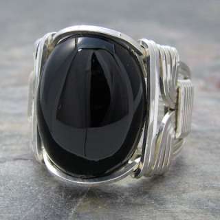 Black Onyx Cabochon Sterling Silver Wire Wrapped Ring ANY size  