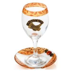  Glass Miriam Cup with Metal Plaque, Orange Stripe, Bead 