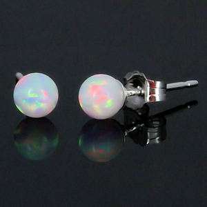 4mm Created Fiery White Opal Ball Stud Post Earrings 925 Sterling 