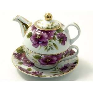   Purple Pansy Tea for One Tea Pot, Tea Cup/Saucer Set