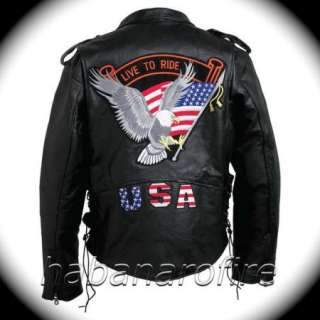 NEW Lined Leather Jacket with Eagle, USA & Flag Patches  