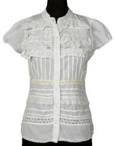 NEW $98 Free People Lace Ruffle White Cotton Shirt Top Medium M 6 