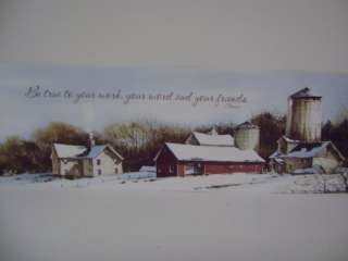 BE TRUE PRINT BY JOHN ROSSINI SNOW RED BARN AND HOUSE  