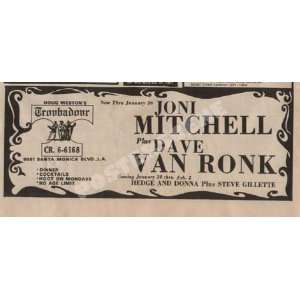  Joni Mitchell Dave Van Ronk Concert Ad Troubadour 1969 