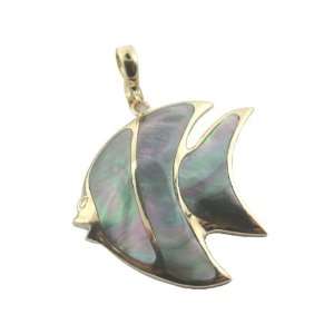    Black Mother Of Pearl Tropical Fish Pendant, 14k Gold Jewelry