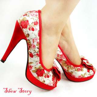   Ladies Vintage Red Floral w Bow Peep Toe Platform Pumps Shoes AU Sz 5