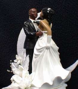 Bald Hispanic / Black African American groom and bride Wedding cake 