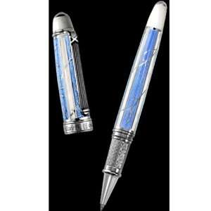   Azure Blue and White Rhodium Vermeil Rollerball Pen: Office Products