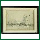 Victorian Antique Maritime Sail Boats on Choppy Seas Pencil Sketch 
