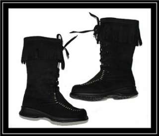  Nubuck Black Fringe Boots   Lace Up Tie   Side Zipper ~ 6 NWOB  