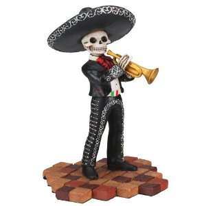 Skeleton Skull Black Mariachi Band Trumpet Statue Figurine:  