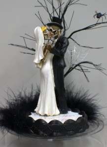love never dies Halloween skeleton Wedding Cake Topper LOT Glasses 
