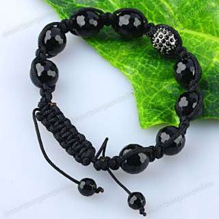 Black Agate Crystal Bracelet Faceted Ball Beads Rope x1  