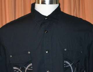 DKNY ROCK & ROLL LONG SLEEVE BLACK COTTON CASUAL EMBROIDERED SHIRT 