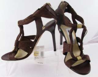 NWT JIMMY CHOO BROWN LEATHER STRAPPY ZIP BACK HEELS SZ 9 /39 RETAIL $ 