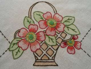 Vintage Linen Tablecloth Big Art Deco Embroidered Flower Baskets 