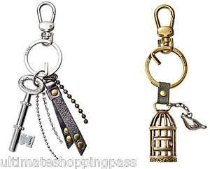 NEW NWT Fossil Bling Bird Cage Fob Key Chain Leather Pull 2 Silver 