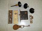 1920s Antique Black Door Knobs, Backplates, Lock & Key, COMPLETE SET