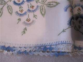 VINTAGE PILLOWCASES GORGEOUS HAND EMBROIDERY BLUE FLORAL CROCHETED 