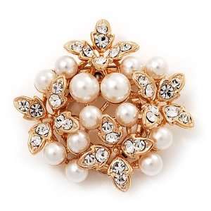  White Faux Pearl Style Crystal Scarf Pin/ Brooch In Gold 