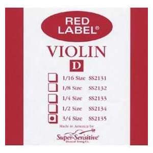  Super Sensitive Red Label 3/4 Violin D String   Medium 
