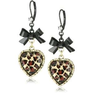 Betsey Johnson Crystal Leopard Heart and Black Bow Drop Earrings
