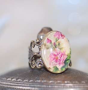 Pink Cabbage Rose Cabochon Antiqued Filigree Brass Ring  